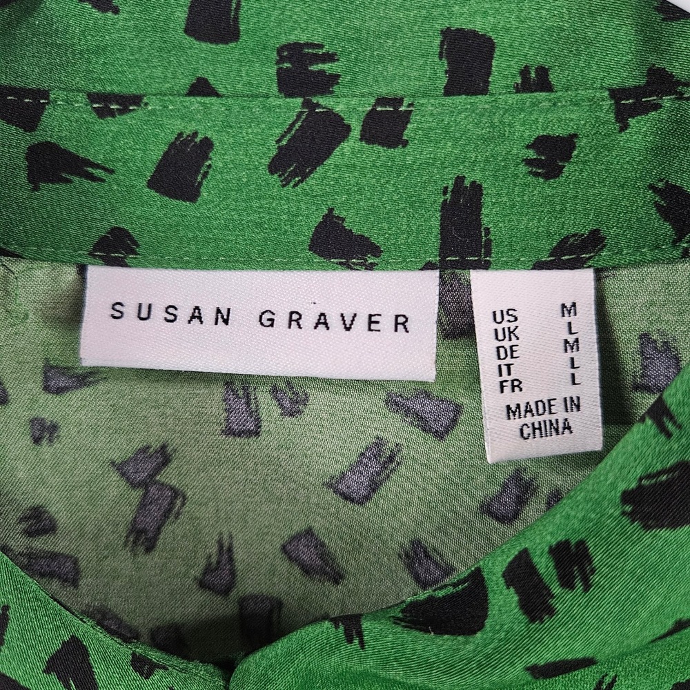 Susan Graver Green Black Abstract Print Peplum Button Front Blouse Womens Medium - Picture 4 of 9